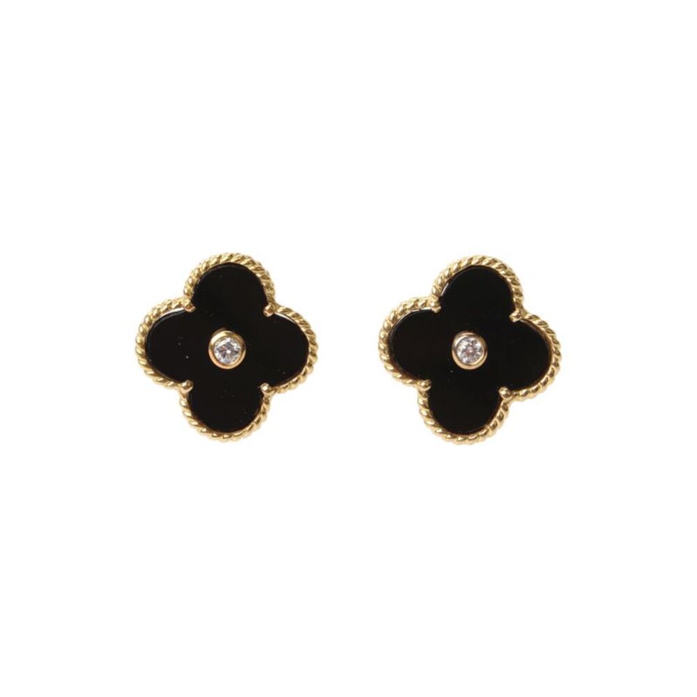 Designer Womens 18K Yellow Gold Onyx + Diamond Clover Stud Earrings 6.8g